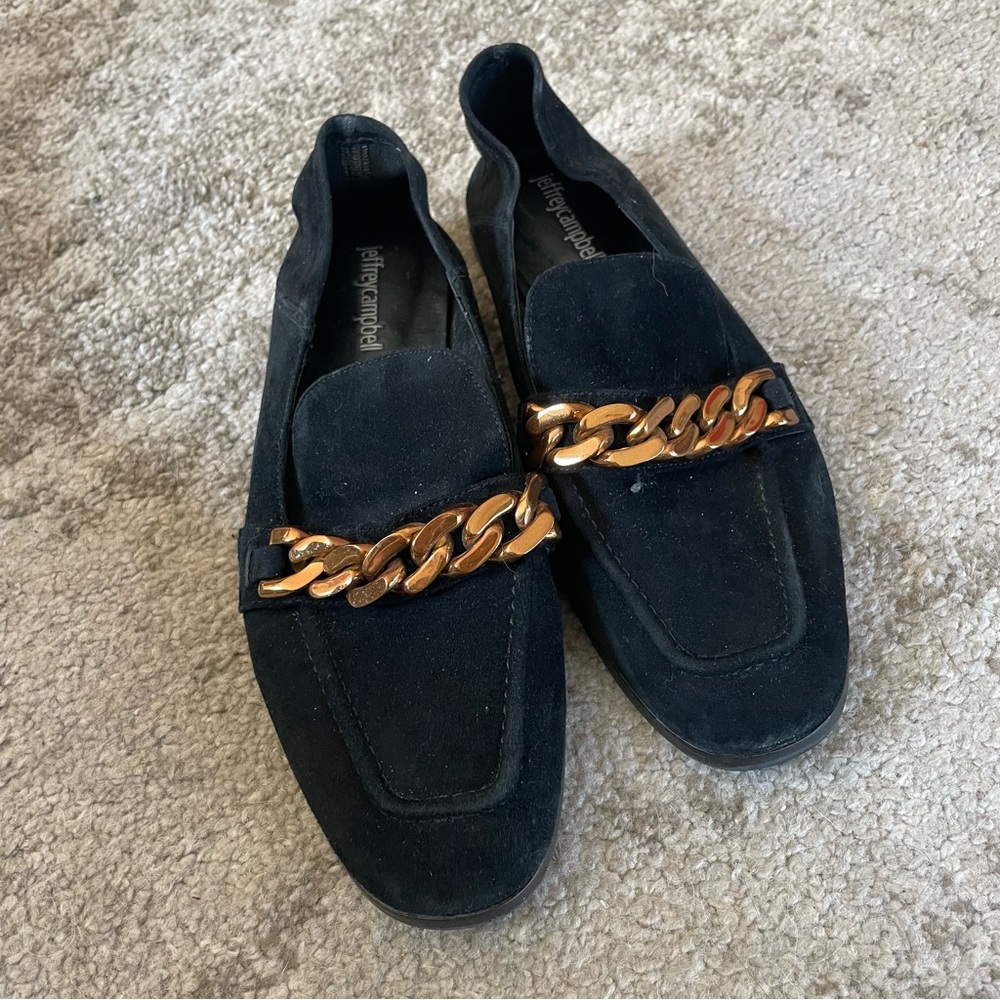 Jeffrey Campbell Black Suede Loafers with Gold Chain Size US 8
